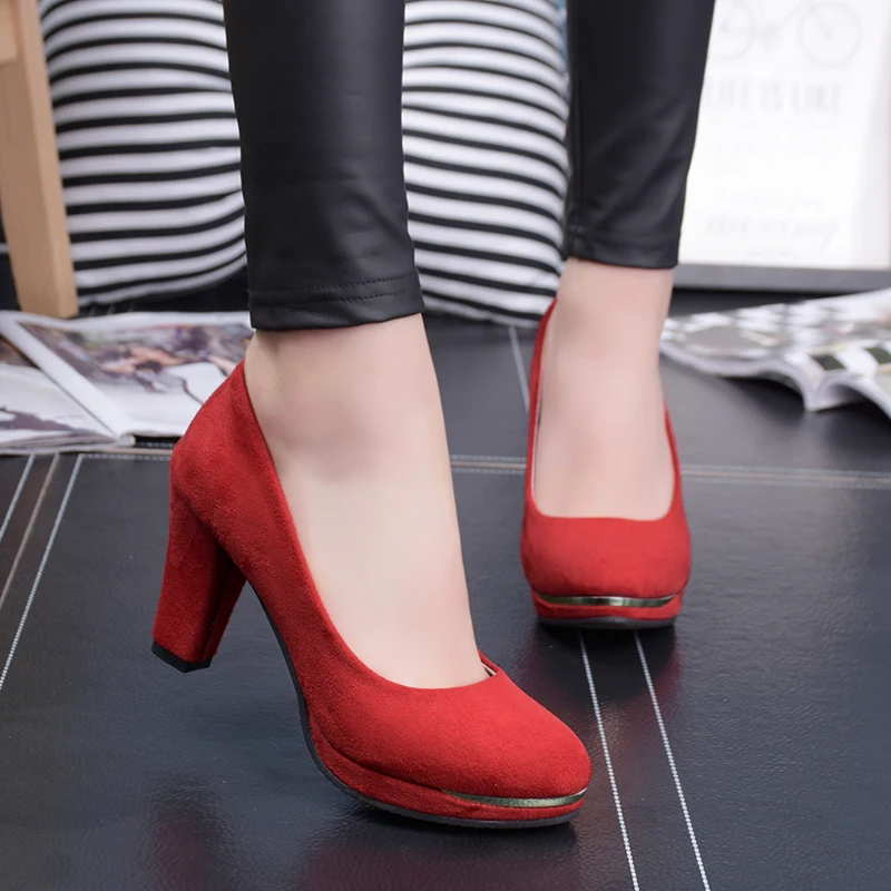 

2020 Brand Design Sexy Party Women Shoes Flock Platform High Heels Nightclub Pumps Women 9 Cm Chunky Heels Black Red Pink