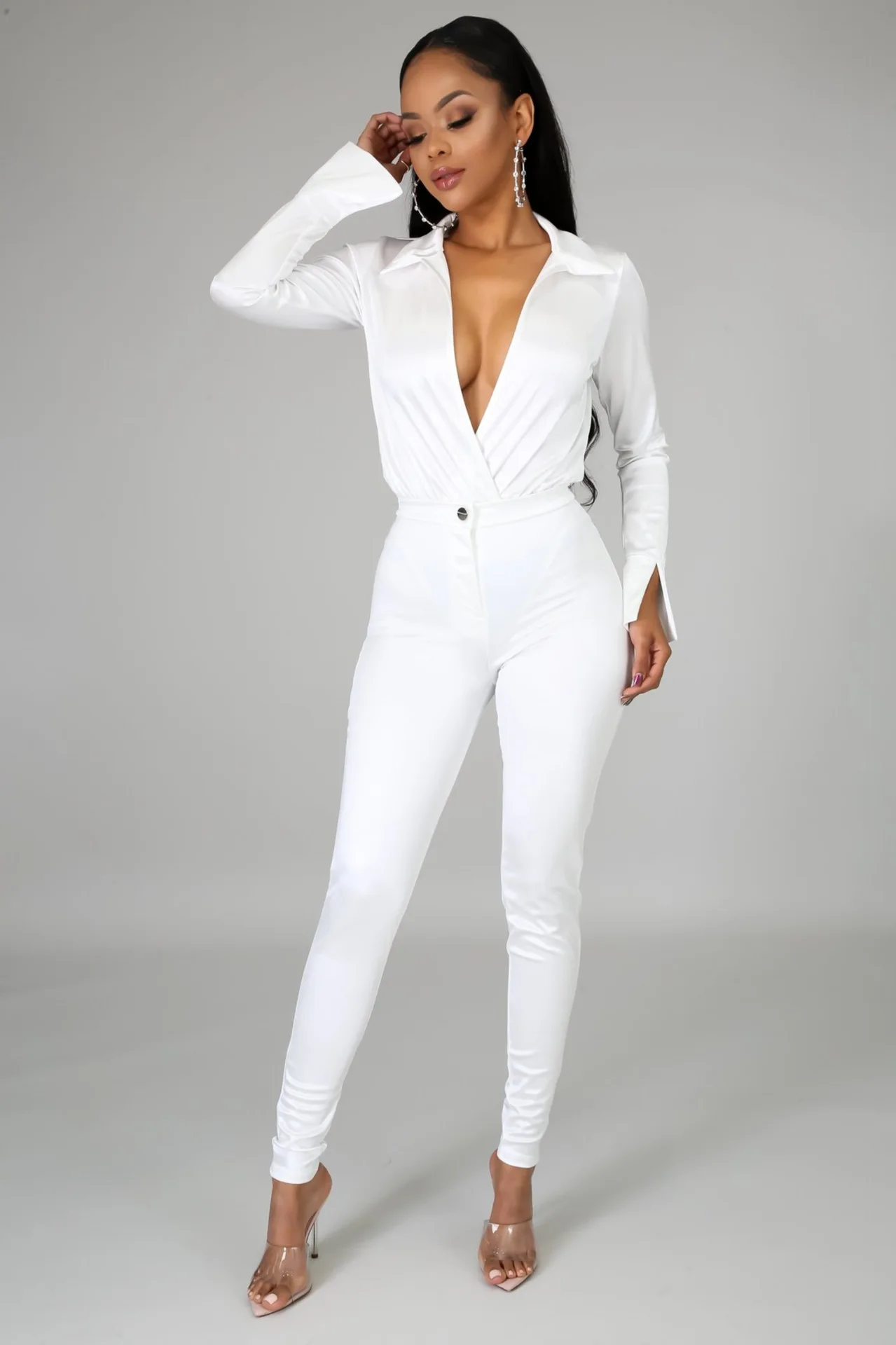 New Style Women Aexy V Neck Long Sleeve Satin 2 Two Piece Set Shirt Blouse And Pants Suit formal pant suits Suits & Blazers