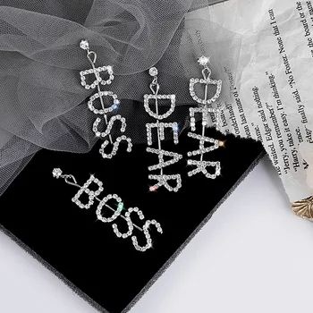

Hello Miss New full rhinestone alphabet earrings super flash BOSS words luxury long earrings fashion women's earrings jewelry