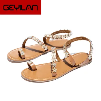 

Women's Ladies Summer Solid Flat Crystal Slippers Beach Sandals Roman Shoes Patchwork Rubber Round Toe Outdoor 2019
