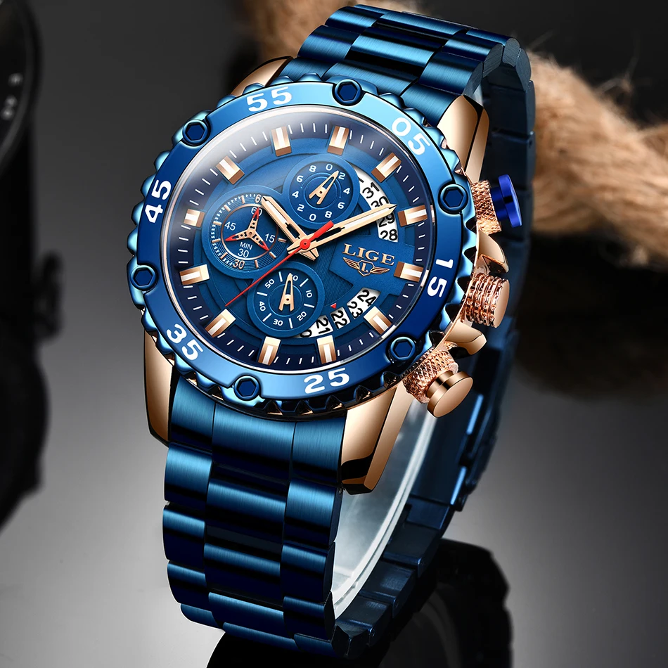 Reloj Hombre 2020 LIGE модные мужские часы Роскошные спортивные полностью стальные синие