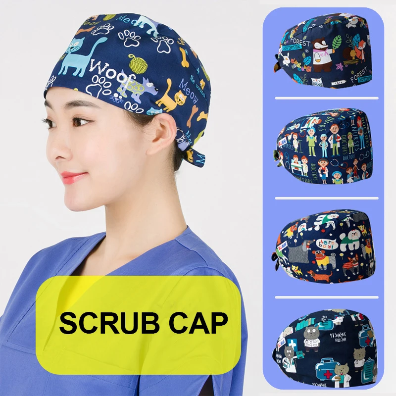 Dog Cat Pet Scrub Cap Work Hat Unisex 100% Cotton Inner Forehead Sweatband Tieback Adjustable Ground Skull Caps Chef Hats photo