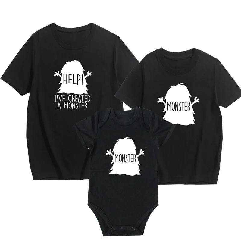 Family Matching Kids Outfits T-Shirts Son Letter Short Tops Monster-Print Boys