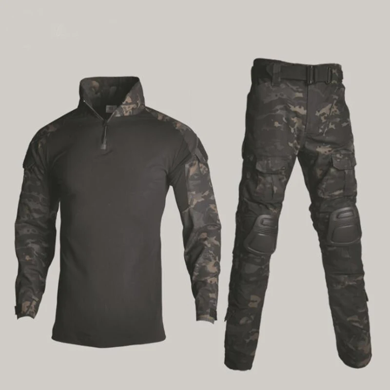 Военная Униформа камуфляж охотничья одежда тактический Набор лягушек Пейнтбол страйкбол Ghillie костюм снайперская рубашка+ брюки наколенники - Цвет: Dark Camo