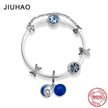 

Hot 925 Sterling Silver Charm blue zircon Bead bracelet with Blue star moon pendant fashion jewelry Womens accessories