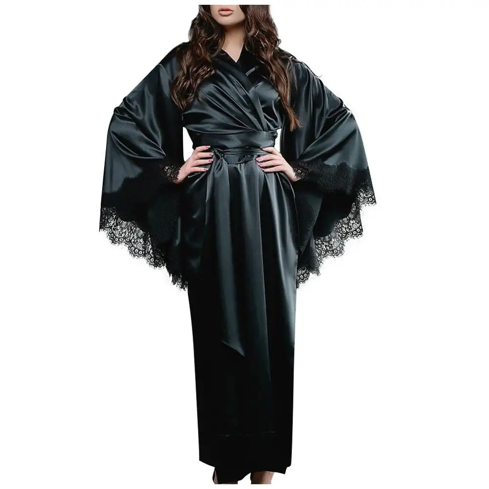 Горячая Распродажа, женское сексуальное ночное белье размера плюс S-2XL, женское сексуальное шелковое кимоно, кружевное белье с поясом, халат, ночное белье - Цвет: Черный