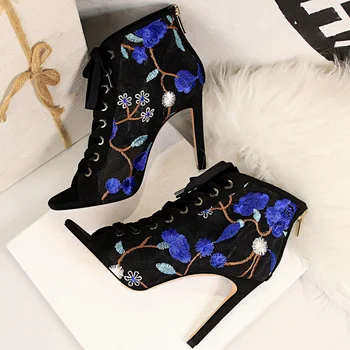

2020 Women Fetish Stripper Sandals Ankle Boots Gladiator 10.5cm High Heels Lace Up Prom Peep Toe Embroider Summer Blue Shoes