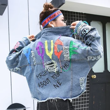 

Ripped Jeans Jacket Women Letter Print Pattern Rivets Decoration Vintage Female Denim Coat Distressed Students Tops Harajuku