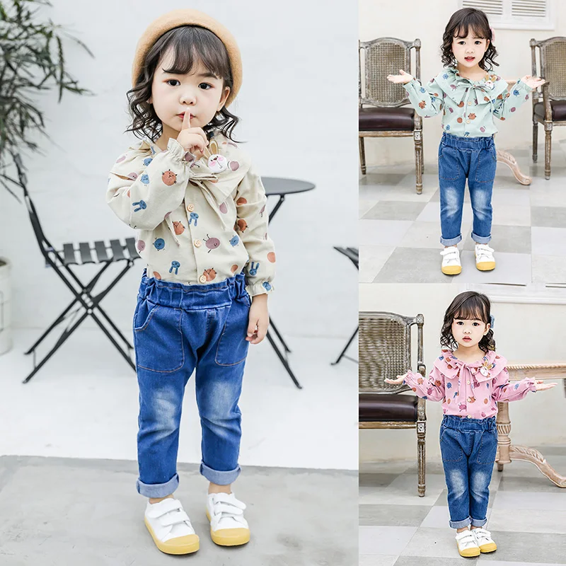 Autumn Children Baby Girls Casual Long Sleeve Floral Print Blouse Tops+Denim Pants Trouser Costume Set For Brazil VIP