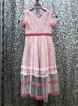 

Top Quality Designer 2020 Summer Blue Pink Party Lux Women Sexy See Through Mesh Lace Print Patchwork Vintage Dress