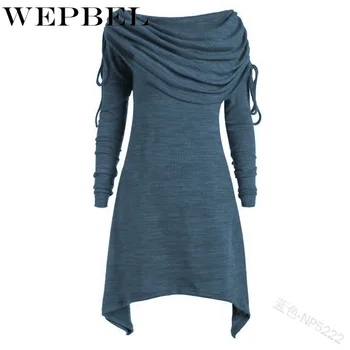 

WEPBEL Spring Long Sleeve Pleated Pile Neck Hem Irregular O-Neck Gown Long Sweater Dress Women Solid Color Casual Dress