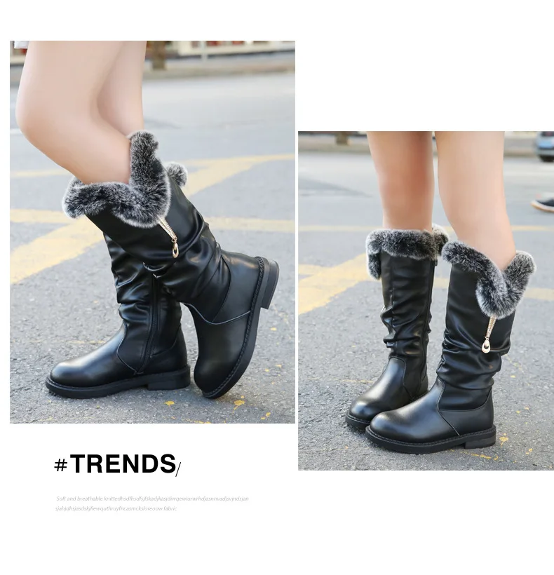 winter new high snow boots girls big children plus velvet genuine leather rabbit hair children's boots