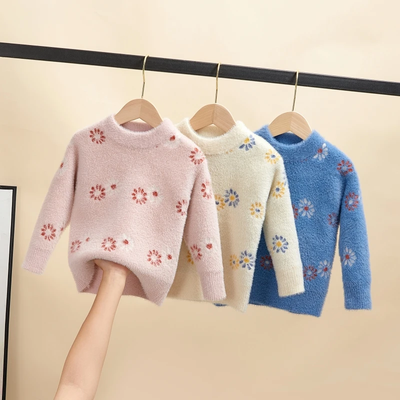 

90CM-140CM girls mink sweater with thick pullover and bottom sweater new flower design Lovely warm autumn and winter sweaters