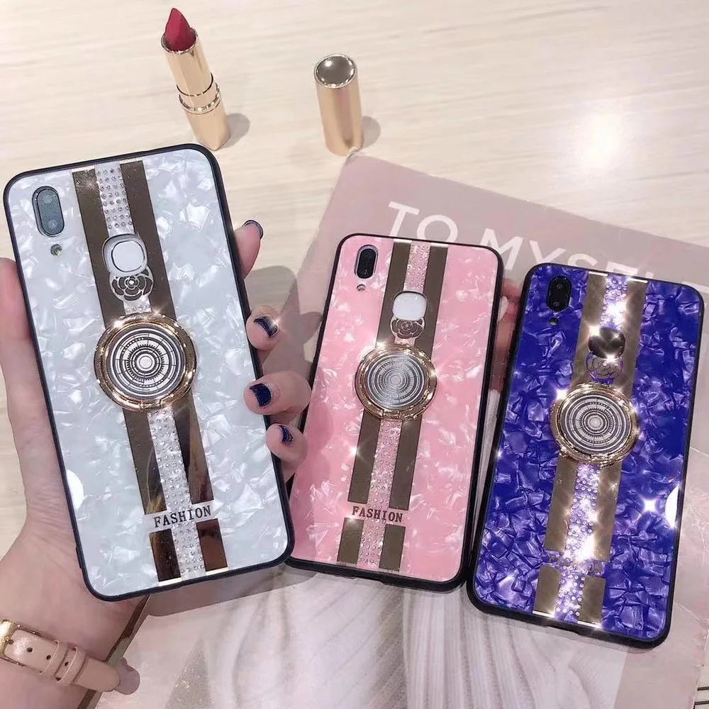 

Luxury Jewelled Glass Phone Case for Oppo A83 Case Metal Ring Holder Case for OPPO R9S R15 R17 K1 A5 Coque Glitter Back Cover