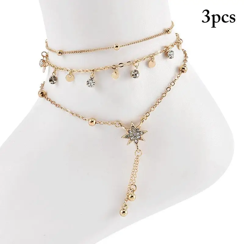 3PCS Ankle Chain Stars Pendant Anklet Beaded 2021 Summer Beach Foot