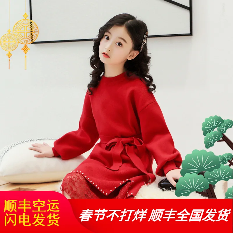 

Girls New Year Red Sweater Dress Outfit 2019 Autumn & Winter New Style Big Boy Long Sweater One Piece Princess Skirt