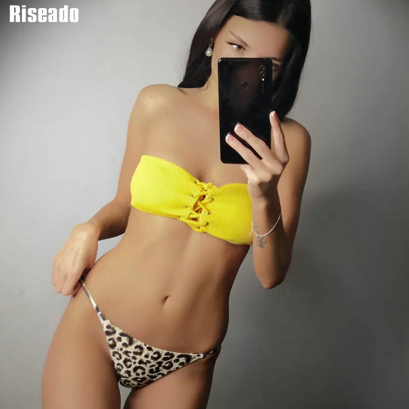Riseado, бандо, бикини, микро, новинка, купальник для женщин, сексуальный купальник, Леопардовый, бикини, низкая талия, пляжная одежда, на шнуровке, бикини