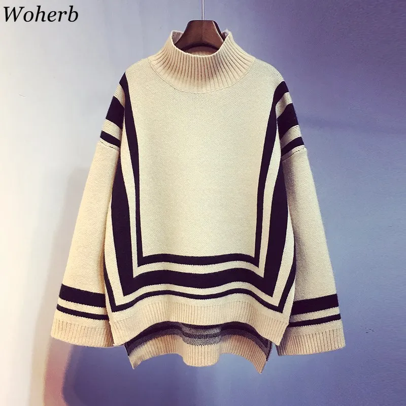 

Woherb 2019 Winter Striped Pullovers Oversized Sweaters Women Knitted Turtleneck Long Sleeve Sweater Female Loose Knitwear Mujer