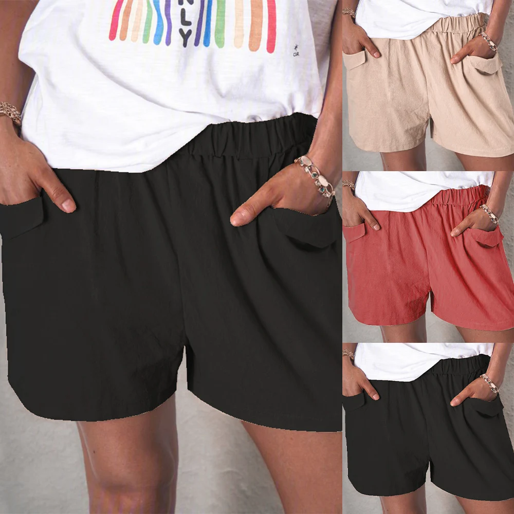 leather shorts Elastic Waist Pockets Shorts Solid Color Summer Shorts Woman Causal Loose Elastic Wasit Daily Cotton Linen Female Shorts New D30 lululemon shorts