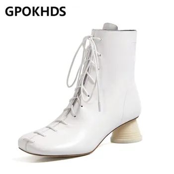 

GPOKHDS 2021 women Ankle boots Cow leather winter short plush Square Toe Med heels female boots size 40