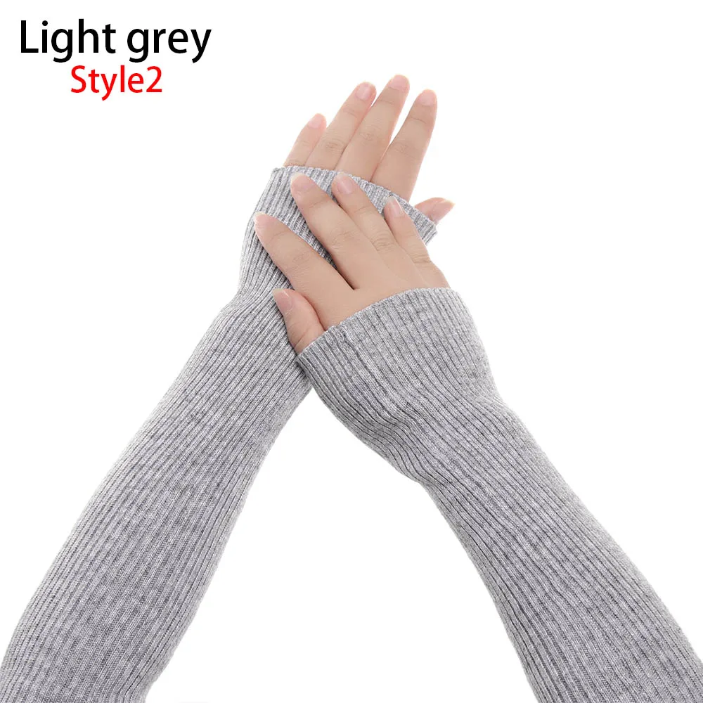 light grey 2 Эластичные вязаные гетры для рук на осень и зиму, шерстяные кашемировые вязаные одноцветные длинные перчатки без пальцев - Цвет: light grey 2