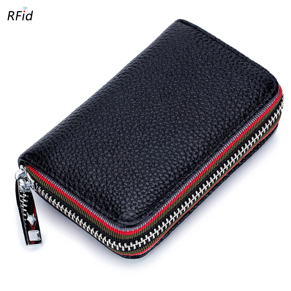 Genuine Leather Men Women Card Holder Small Zipper Wallet Solid Coin Purse Accordion Design rfid ID Business Credit Card Bags wallet card holder