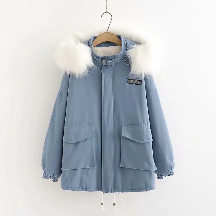 

Labeling Rabbit Fur Large Fur Collar Cotton-padded Clothes Korean-style WOMEN'S Wear 2019 Winter New Style Pocket Hooded Coat