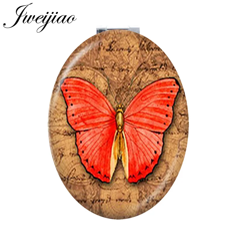 

JWEIJIAO red Butterfly vintage clock Oval pocket Folding mirror Darwin Biological Evolution Theory moive Travel Mirror D1249