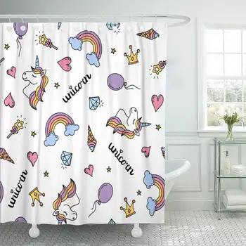 

Colorful Pattern Unicorn Rainbow and Hearts Pink Princess Balloon Shower Curtain Waterproof Polyester Fabric 72 x 72 Inches Set