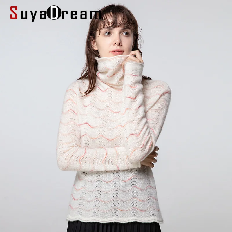 SuyaDream Women 100%Cashmere Turtleneck Pullovers Long Sleeved Stripe Sweaters 2020 Fall Winter Knit Top | Женская одежда