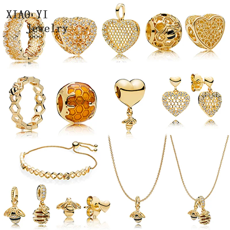 

XIAOYI 100% 925 Sterling Silver 11 Shine Honeycomb Lace Queen Bee SWEET AS HONEY Ring Earrings Pendant Necklace Bracelet Beaded