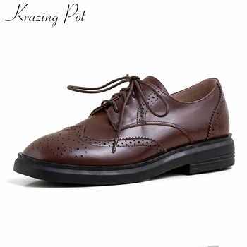 

Krazing pot genuine leather classic brogue leisure shoes daily wear concise round toe med heels women solid lace up pumps L12