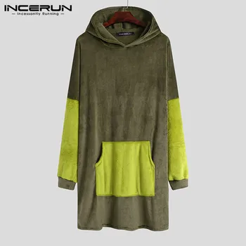 

INCERUN Mens Patchwork Bathrobes Long Sleeve Hooded Sleep Robes Man Loose Pockets Nightgown Warm Color Stitching Homewear S-5XL