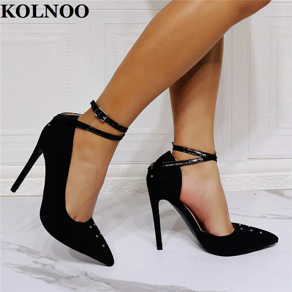 Kolnoo Ladies Real Photos Stiletto Heels Pumps Buckle Ankle Strap Kid-Suede Pointed-Toe Dress Shoes Daily Wear Fashion Shoes
