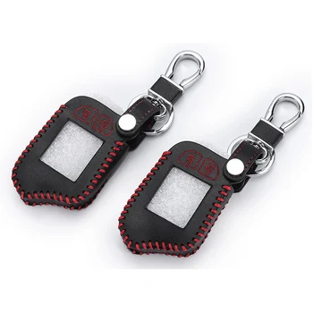 

Top Leather Car Key Cover For Scher-Khan Magicar M13 13 14 M14 M110AS 2 Way Car Alarm LCD Remote Controller Car Keychain Case