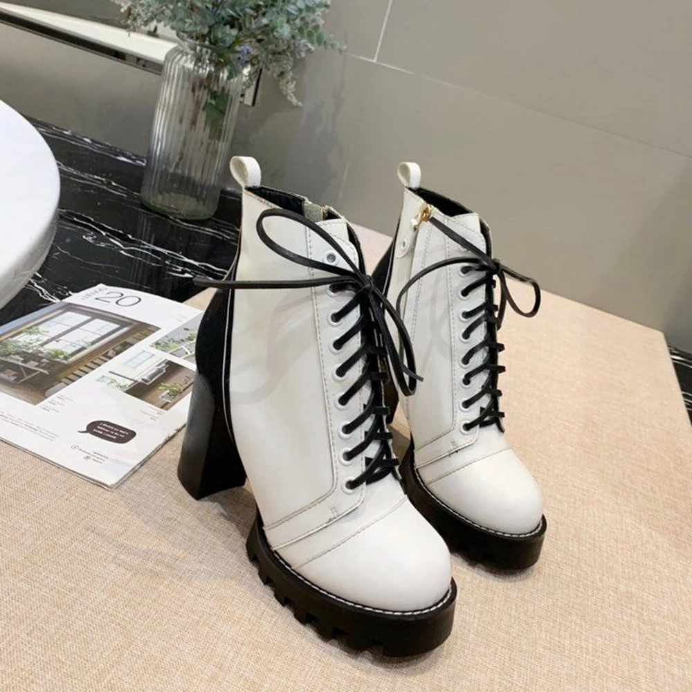 

womens heeled boots Genuine Leather Lace-up Ankle Boots Round Toe Platform High Heels Square Heel Boots high quality boots