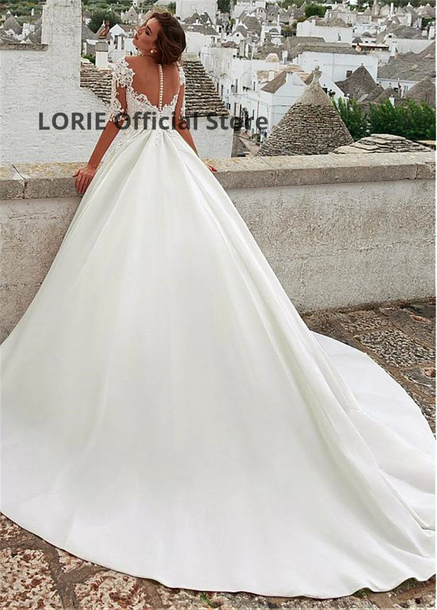 LORIE 2020 New Spring Lace Satin Wedding Dresses Simple Half Sleeve Scoop Beach Boho Bridal Gowns in Turkey Plus Size Long Train