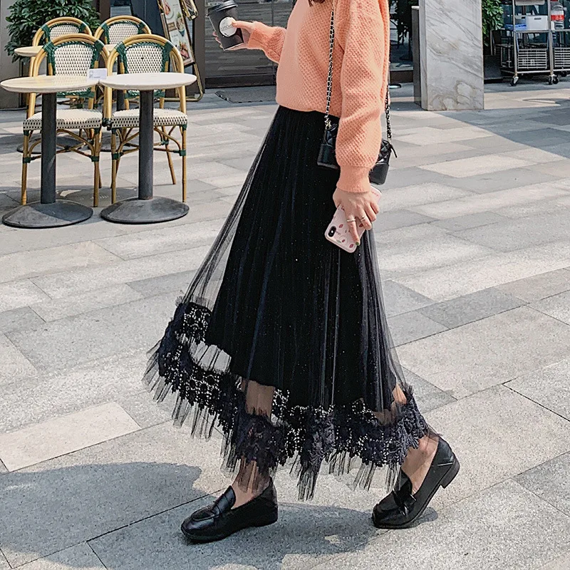 

Autumn And Winter Lace Joint Pleated Skirt Drape Big Hemline Overskirt Mid-length A- line Slimming High-waisted Gauze Skirt Wome