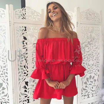 

Summer New Style Horizontal Neck Solid Color Waist Hugging Loose-Fit Dress