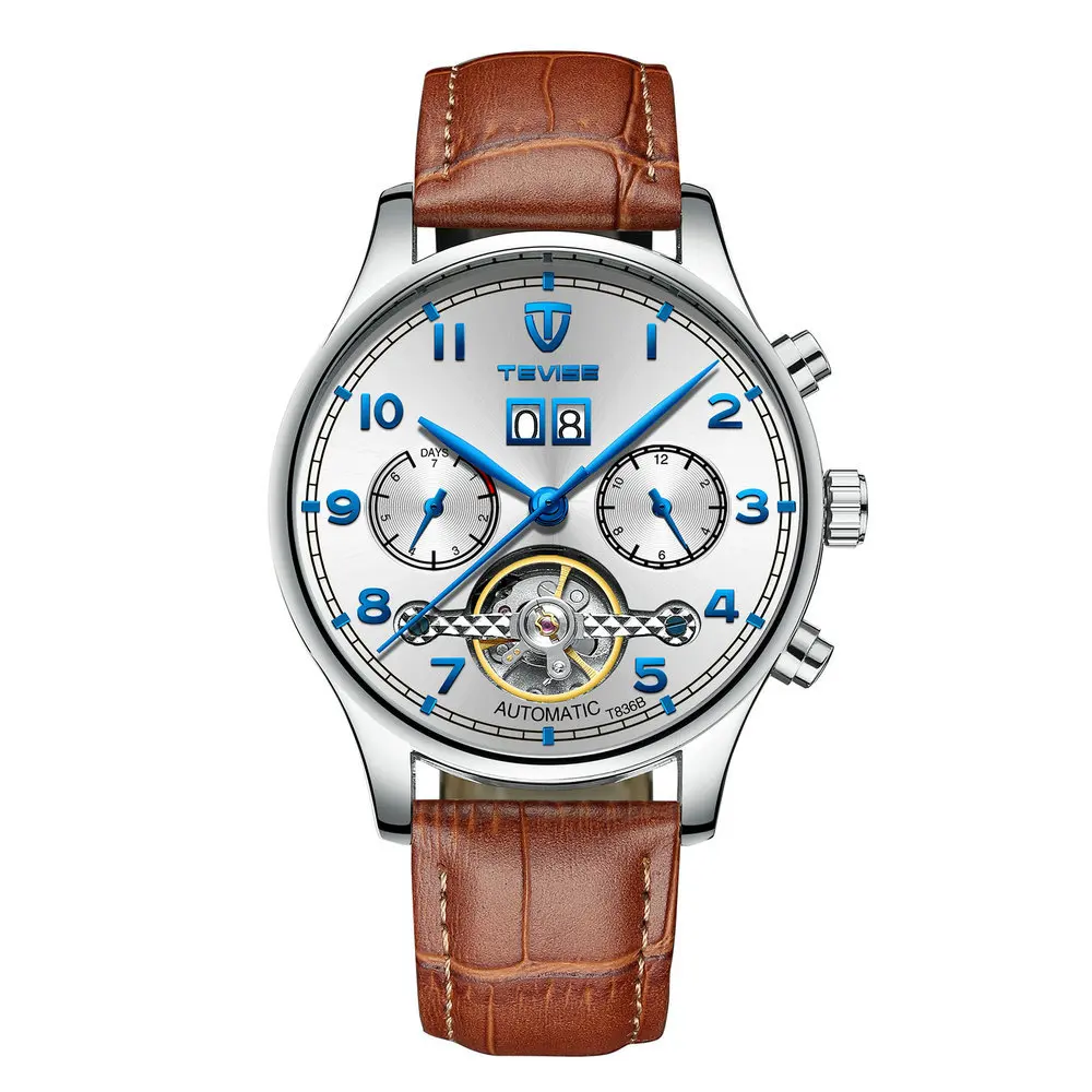

TEVISE Twiss T836b Men Machinery Leather Strap Watch Week Calendar Month Display Life Waterproof
