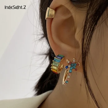 

IngeSight.Z 3Pcs/Lot Luxury Shiny Colorful Crystal Flower Stud Earrings for Women Statement Rhinestone Earrings Jewelry Brincos
