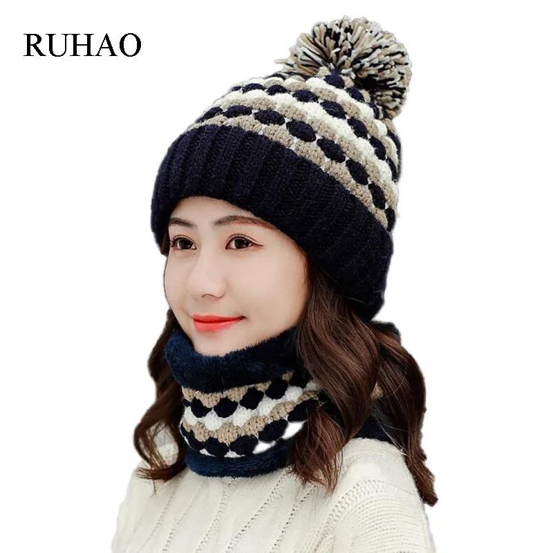 RUHAO женские шапки с шарфом теплые флисовые внутри шапочки для девочек зимняя шапка для женщин меховая шапка с помпоном женская вязаная шапка s