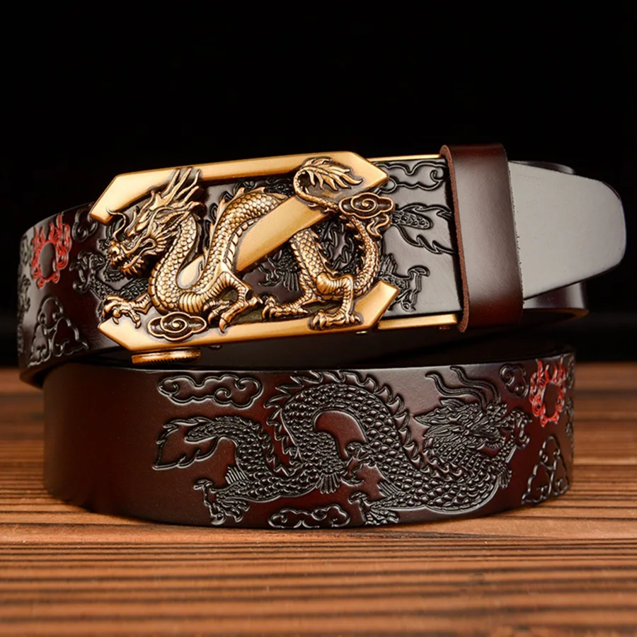 Homme Cuir Véritable dragon en relief ceinture vintage Pin Boucle Ceinture luxe 