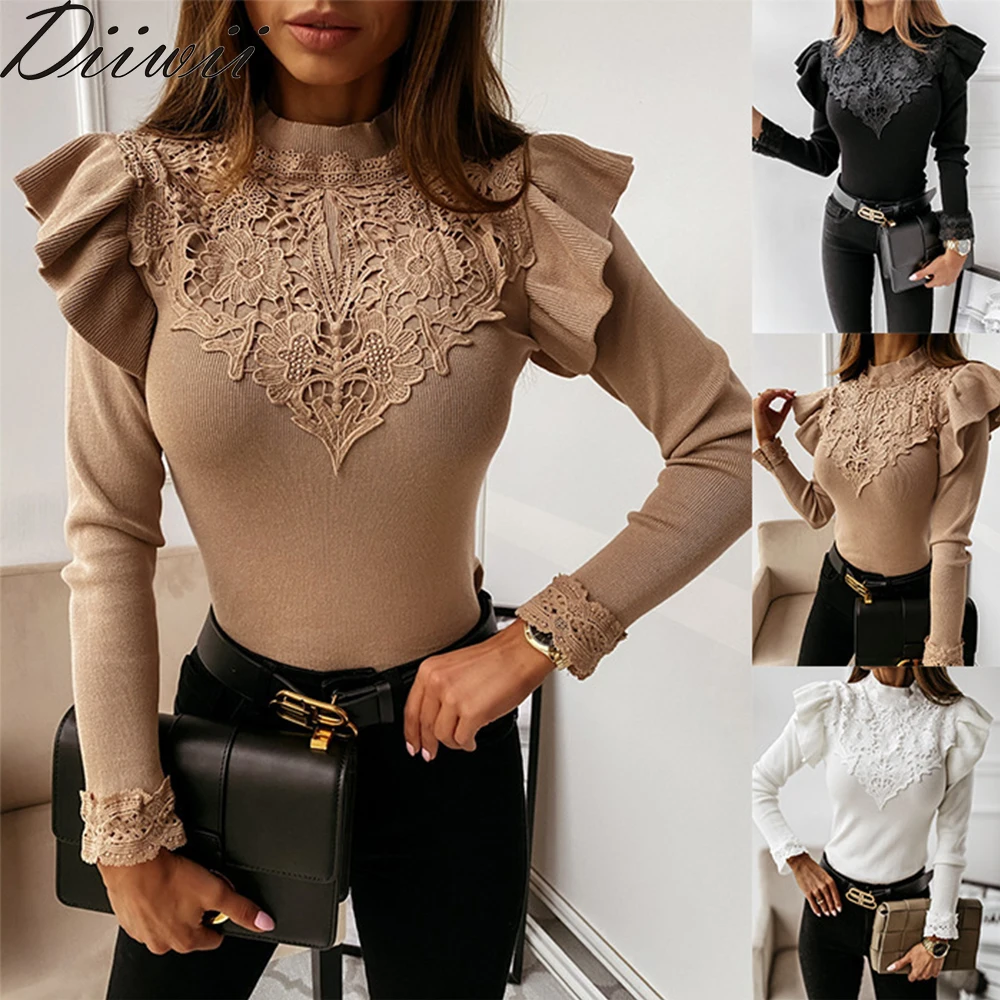 

Diiwii Women Autumn Solid Lace Patchwork Blouse Shirt Office Ladies Long Butterfly Sleeve Pullover Tops Casual O Neck Female