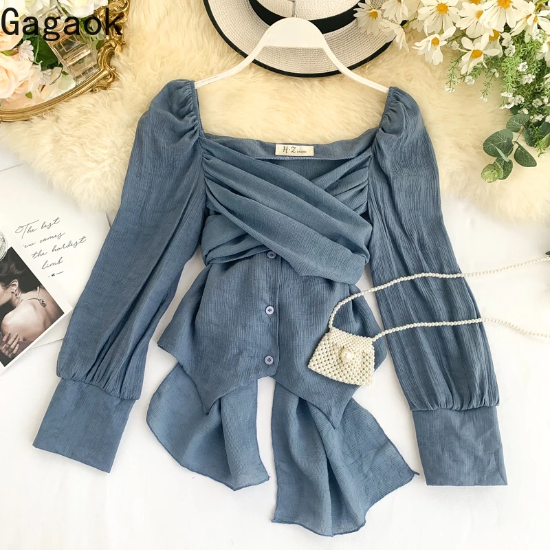 

Gagaok Women Sweet Short Blouse Spring Autumn New Solid V-Neck Puff Sleeve Bow Slim Wild Chic Female Fashion Korean Shirts Tops