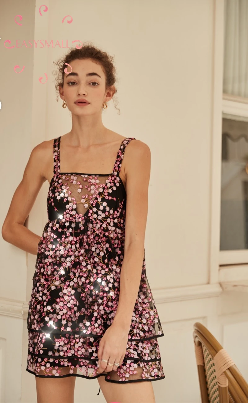 EASYSMALL For love lemons женское платье, расшитое блестками, цветочное на лямках, высококачественные вечерние короткие платья без рукавов с завышенной талией