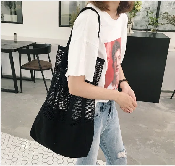 Новые модные холщовые сумки, сетчатые полые хозяйственные сумки, корейский стиль, большая вместительность, портативные пляжные сумки через плечо, bolso