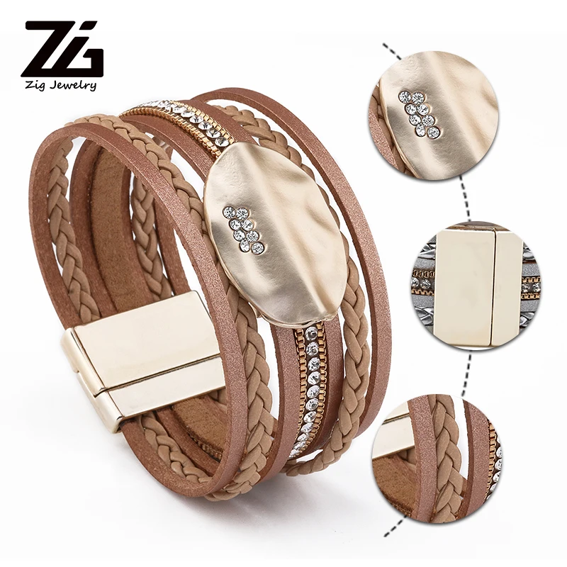 ZG Многослойный кожаный браслет женский Овальный металлический Шарм Кристалл Femme обёрточная бумага широкие браслеты и браслеты для женщин ювелирные изделия