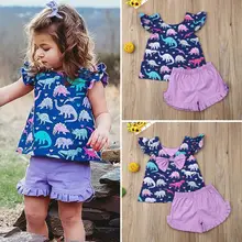 Emmababy Summer Toddler Baby Girl Clothes Dinosaur Bow Tops Shorts Outfit Sunsuit