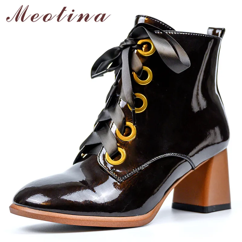 

Meotina Women Boots Winter Ankle Boots Patent Leather Chunky High Heel Short Boots Zipper Square Toe Shoes Female Autumn Size 39